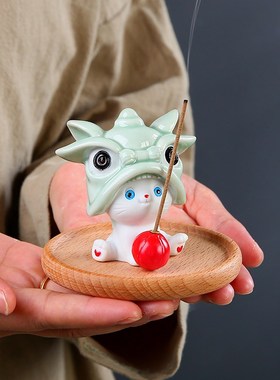 速发精陶品瓷线香鹿香炉小动物摆件家用室内小猫咪小插小猪茶桌