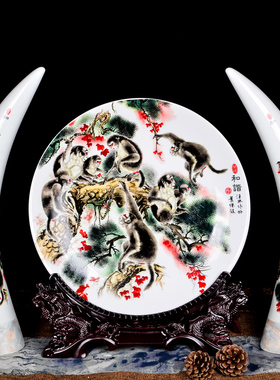 极速cb74创意陶瓷粉彩象v牙中号三件套装饰盘摆件现代古典家居客