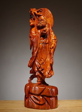 速发实木中式家居客厅饰装品雕刻工艺品人物摆件佛关祖师玄像摆设