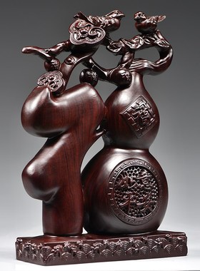 速发黑檀木质福字摆件实木雕刻五福葫芦家居创意式饰新中装客厅工