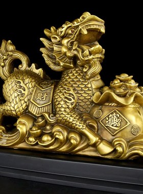 速发铜聚宝盆室麟摆铜一对黄件麒麟卧麒客厅玄关办公室装饰工艺品