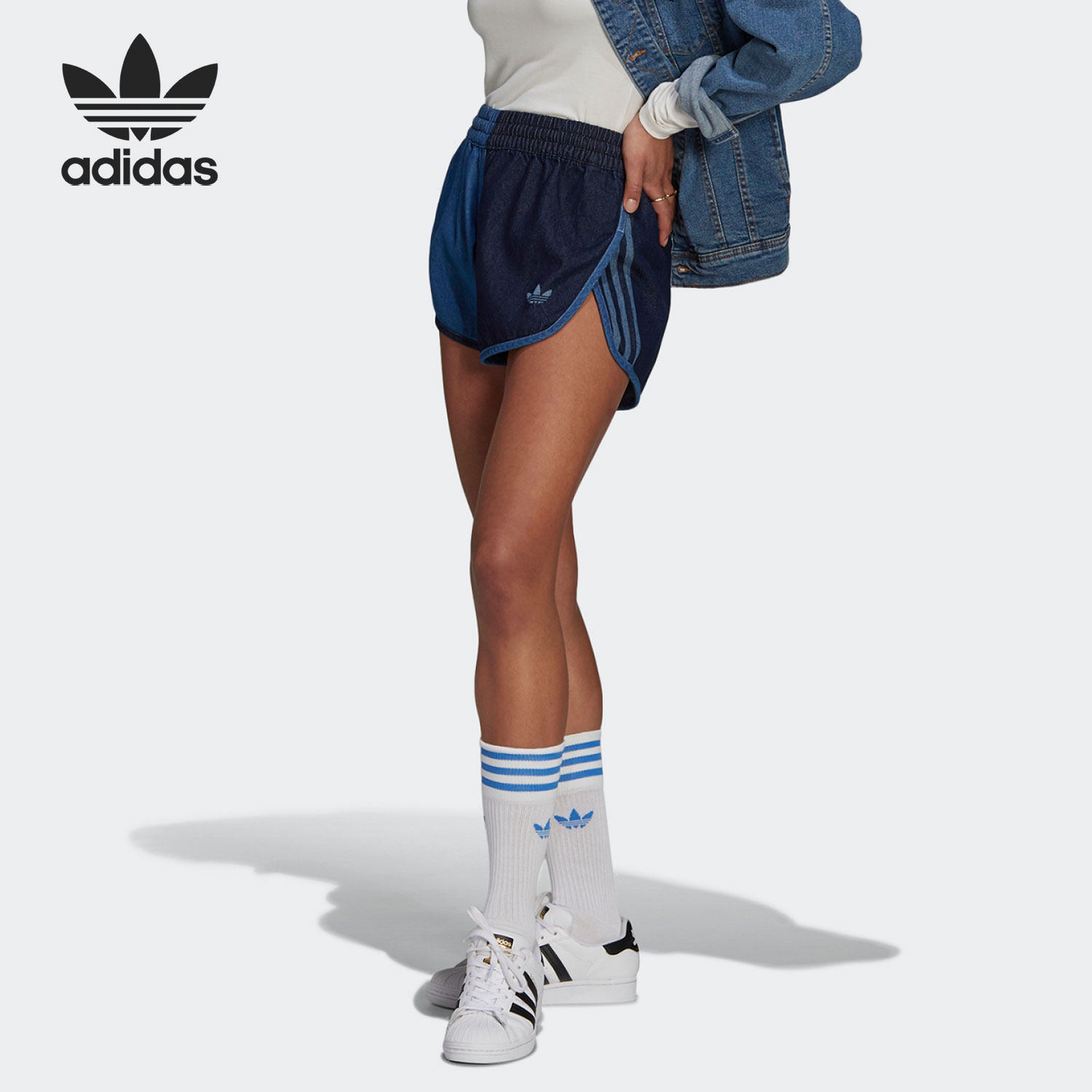 Adidas/阿迪达斯正品三叶草女子复古撞色牛仔运动短裤 GM5374,淘宝优惠券,粉丝福利购,淘宝优惠卷