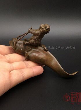 新品大号实心铜鲶鱼小摆件日式茶道铜茶宠铜鱼猫抓鱼手Z把件镇尺