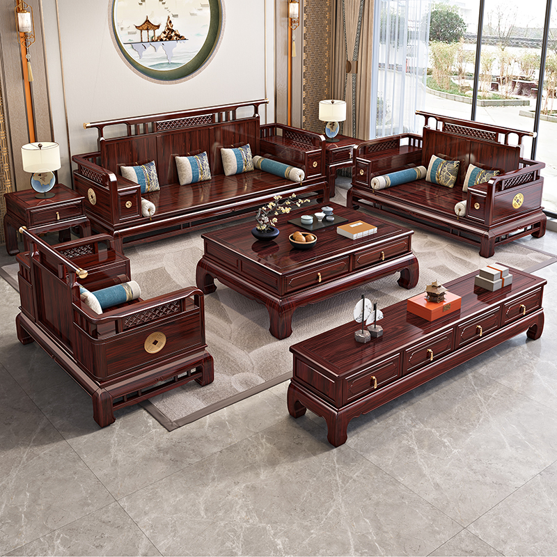新中式酸枝木布艺实木沙发高档大小户型古典红木客厅全套组合家具 - 图2