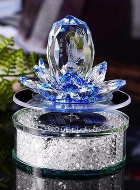水晶莲花摆件内雕观世音菩萨客厅车内装饰太阳能旋转香薰车载用品