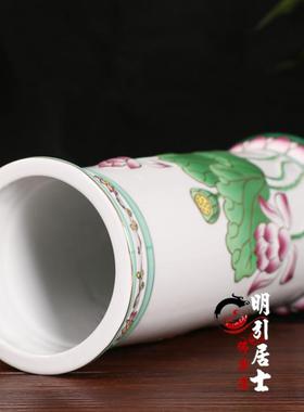 明引无字浮雕莲花香桶陶瓷直筒花瓶插花桶香立式家用财神装香