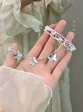 极速古风铃铛蝴i蝶手链戒指一体式开口手镯女汉服古装复古气质手