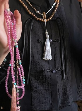 极速新中式国风檀木串珠项链秋冬紫色F琉璃珠斜挎链古风旗袍毛衣
