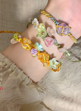 极速新中式天然石头编绳手链女生森系高I颜值原石小众精致手串闺