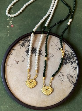 极速新中式平安锁吊坠绿玛瑙串珠B项链女复古国风旗袍马面裙汉服