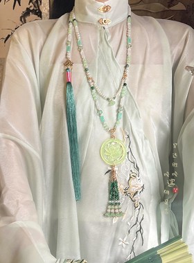 极速[绿c春颜]绿色背云长流苏璎珞项链荷花吊坠古风汉服马面裙配