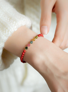 新品天成c细款朱砂手串本命年极细手链碧玺喜乐女士新意礼物文艺