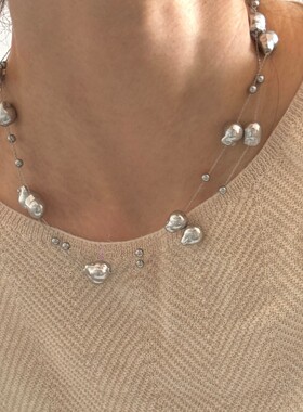 秋冬季长款人造巴洛克灰白色满天星珍珠项链百搭一款多戴式毛衣链