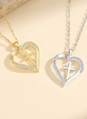 爆款时尚欧美925银爱心十字架纯银项链女亚马逊同款