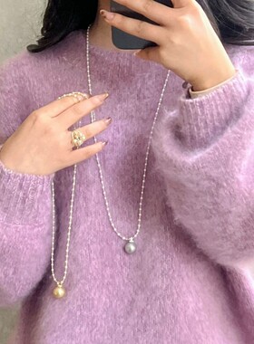 秋冬复古长款拼接切花珠灰色珍珠吊坠毛衣链一款多戴式休闲简约女