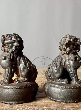 铸铁坐鼓狮子一对 狮子 案头摆件 复古怀旧居家摆设收藏吉祥