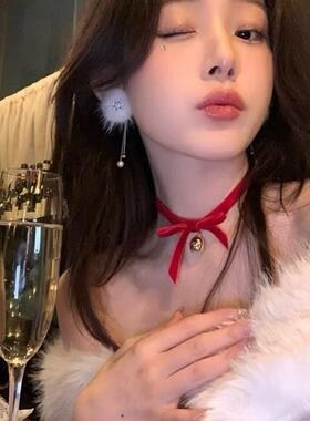 新款圣诞节甜美丝绒蝴蝶结铃铛项链项圈Choker颈链饰品精致锁骨链