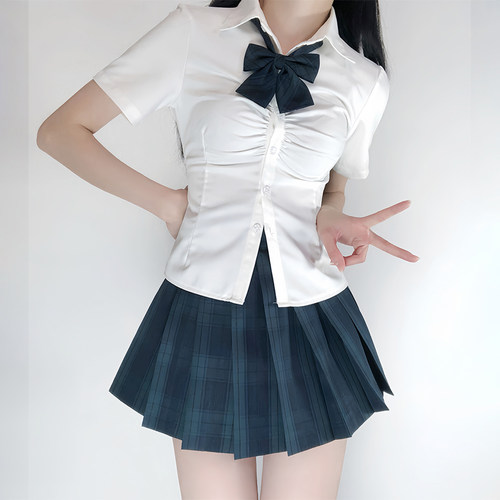 学院风夏季jk制服收腰衬衫白色绑带款短袖衬衫小个子女生显瘦上衣 - 图1