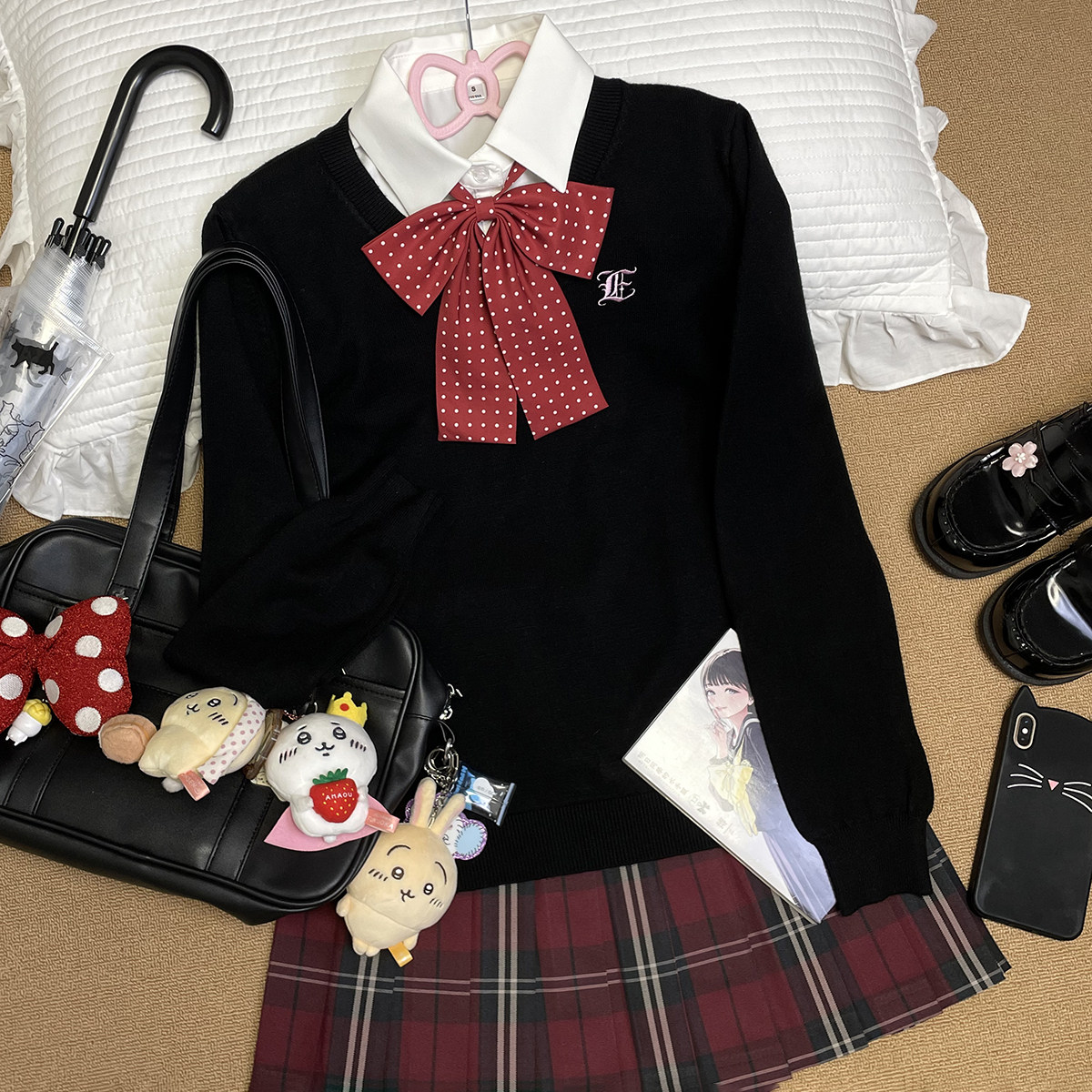 林间萌象正版jk制服学院风长袖套头毛衣女秋冬针织衫叠穿格裙套装 - 图1