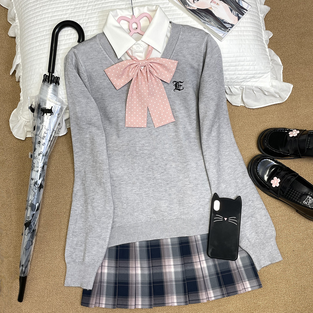 林间萌象正版jk制服学院风长袖套头毛衣女秋冬针织衫叠穿格裙套装 - 图2