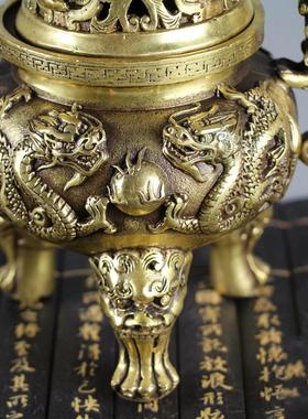 仿古古玩铜器收藏 仿古纯铜双龙戏珠香炉 大明宣德年制铜香炉摆件