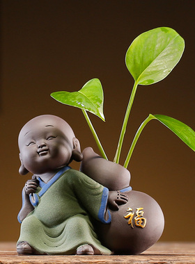 极速精品紫砂茶宠小和尚小花器装C饰创意摆件功夫茶道配件茶桌茶