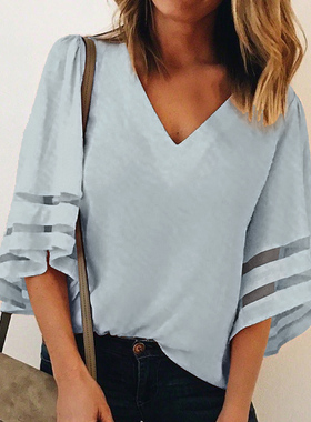 极速Mesh Stitchjing Women Chiffon Blouse Shirt Sexy V Neck C