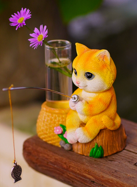 新品小猫钓鱼翁j假山流水鱼池塘造景古法养鱼缸装饰花园庭院微景