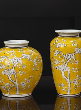 速发黄色花瓷陶瓶插花芍药牡丹客厅青花墅新中式玄关摆件别瓷装饰