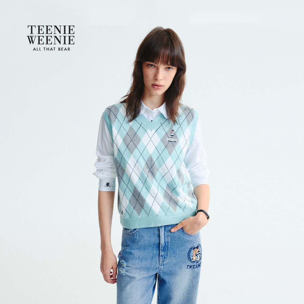 TeenieWeenie小熊女装毛针织衫2025秋季新款学院风菱形格V领背心,淘宝优惠券,粉丝福利购,淘宝优惠卷