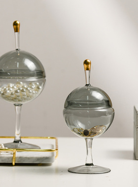 极速装饰推荐灰色玻璃摆件卧室梳妆台珠宝首M饰收纳罐家居酒店样