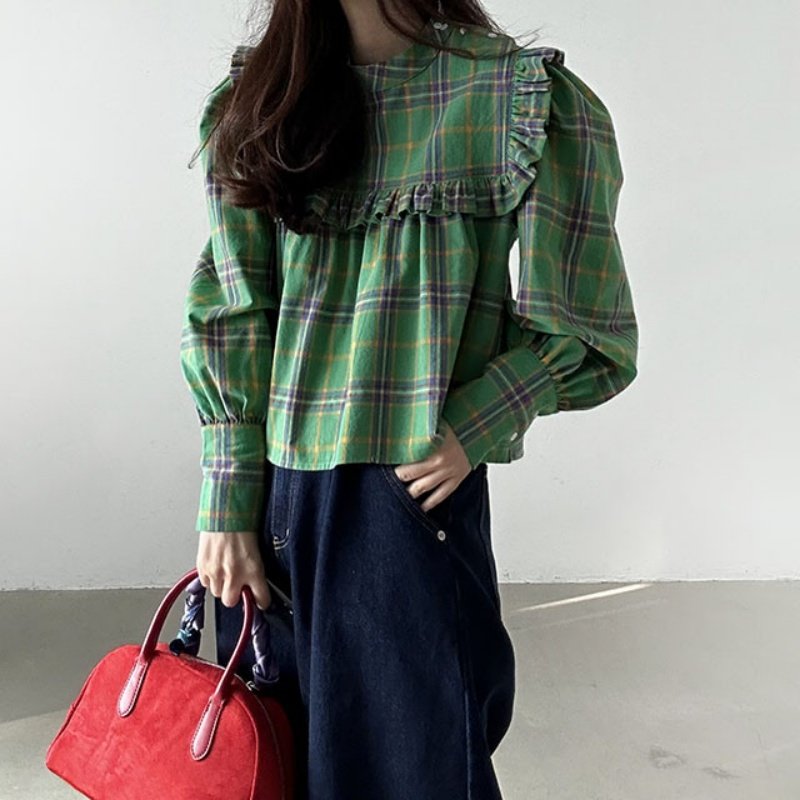 已出货 韩国chic复古荷叶边设计格纹休闲宽松长袖娃娃衫衬衫上衣,淘宝优惠券,粉丝福利购,淘宝优惠卷