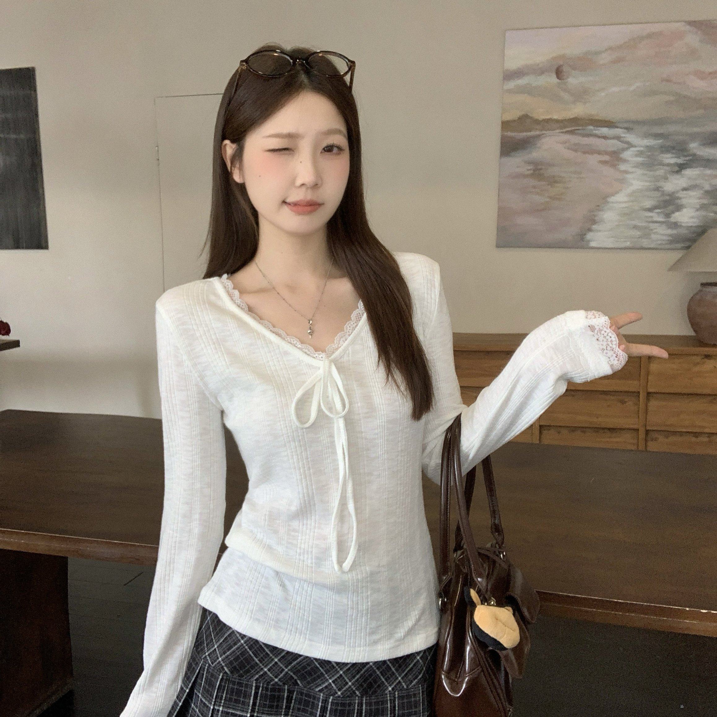 实拍大码白色肌理感V领长袖T恤女秋冬内搭蕾丝花边修身上衣6083,淘宝优惠券,粉丝福利购,淘宝优惠卷