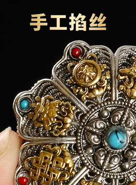 新品黄铜藏式八吉祥嘎乌盒吊坠手工掐花丝L镂空可打开装藏项链男