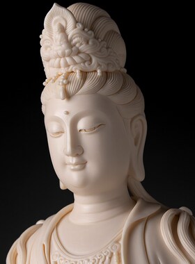 新品陶瓷26吋立莲观音猛犸牙黄大师手签林建平观U世音菩萨像摆件