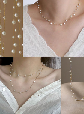 满天星叠戴珍珠项链配饰女秋冬钛钢锁骨链设计感轻奢小众颈链饰品