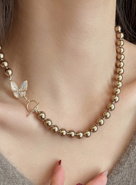 母贝蝴蝶扣珍珠项链配饰女秋冬毛衣链轻奢感小众串珠颈链饰品