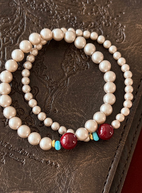 朱砂手串女生珍珠手链轻奢感小众复古绿松石串珠叠戴手饰