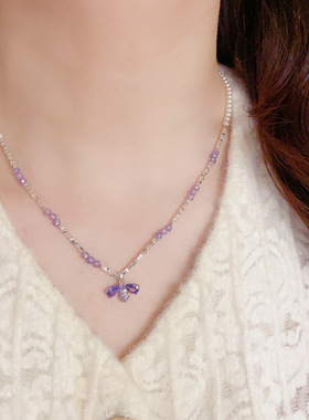 春季新款温柔百搭紫色串珠蜜蜂吊坠项链气质简约小清新高级锁骨链