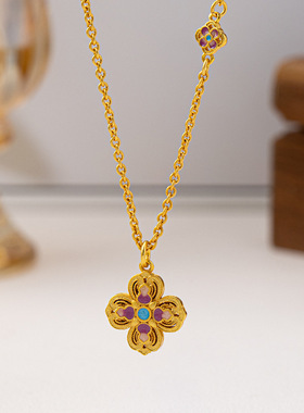 新款古法新中式黄金色花朵项链复古宫廷风滴釉吊坠小众精致锁骨链
