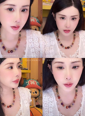 天然七彩色多宝水晶串珠项链配饰女轻奢秋冬毛衣链感颈链饰品