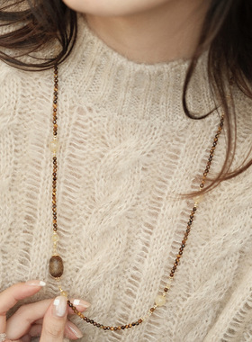 天然石虎眼水晶串珠项链木珠女小众个性毛衣链长款轻奢感饰品