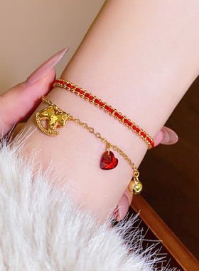 双层叠戴红绳碎冰冰小马爱心手链轻奢感编织手绳女本命年手饰