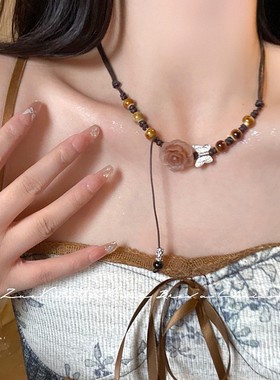 干枯玫瑰新中式串珠蝴蝶项链女精致独特设计感锁骨链时尚颈链