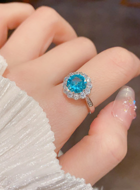 日韩小众个性时尚夸张锆石蓝色圆形开口戒精致轻奢百搭食指戒配饰