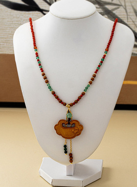 复古手工古法如意锁天然石檀木珠串珠项链新中式设计感毛衣链