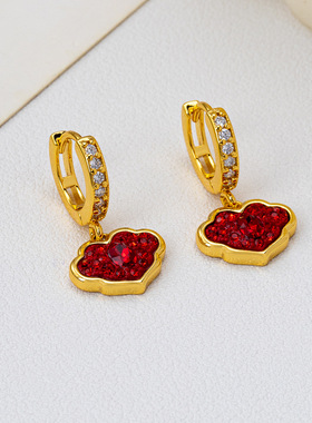 轻奢时尚如意灵芝耳环红色喜庆感气质新中式设计爱心锁骨链女