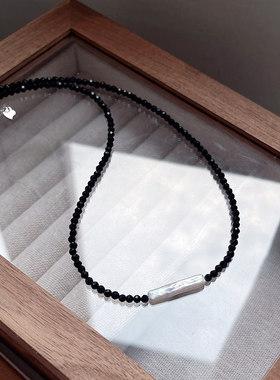 异形巴洛克银条淡水珍珠项链女气质网红超细切面黑尖晶石串珠项链
