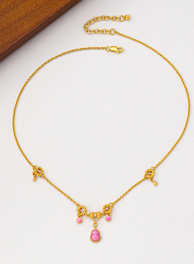 古法沙金点钻葫芦镂空福字项链女时尚精致简约时尚锁骨链颈链