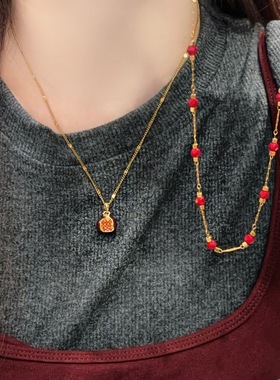红色滴油石榴吊坠双层叠戴项链女 设计感小众轻奢感毛衣链